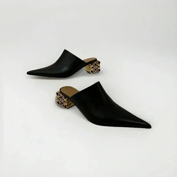 NEW LOEWE Anagram Black Gold Pointed Slip On Mules 6Chunk Heel, SiZE 36EU - Picture 4 of 9